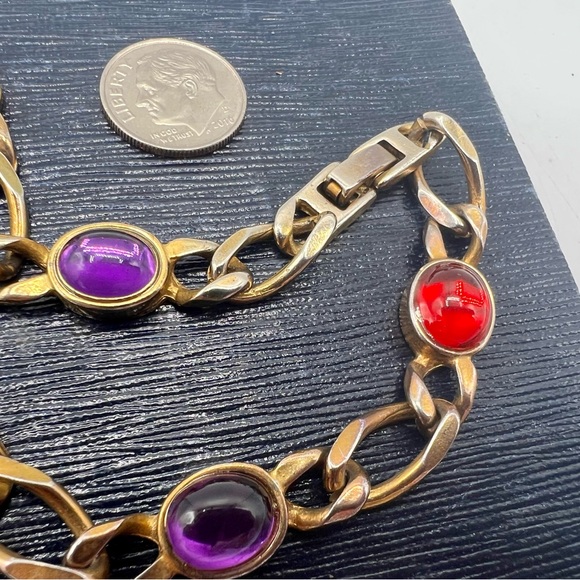 Vintage gold necklace colorful glass cabochons 19” statement jewelry - Picture 4 of 8